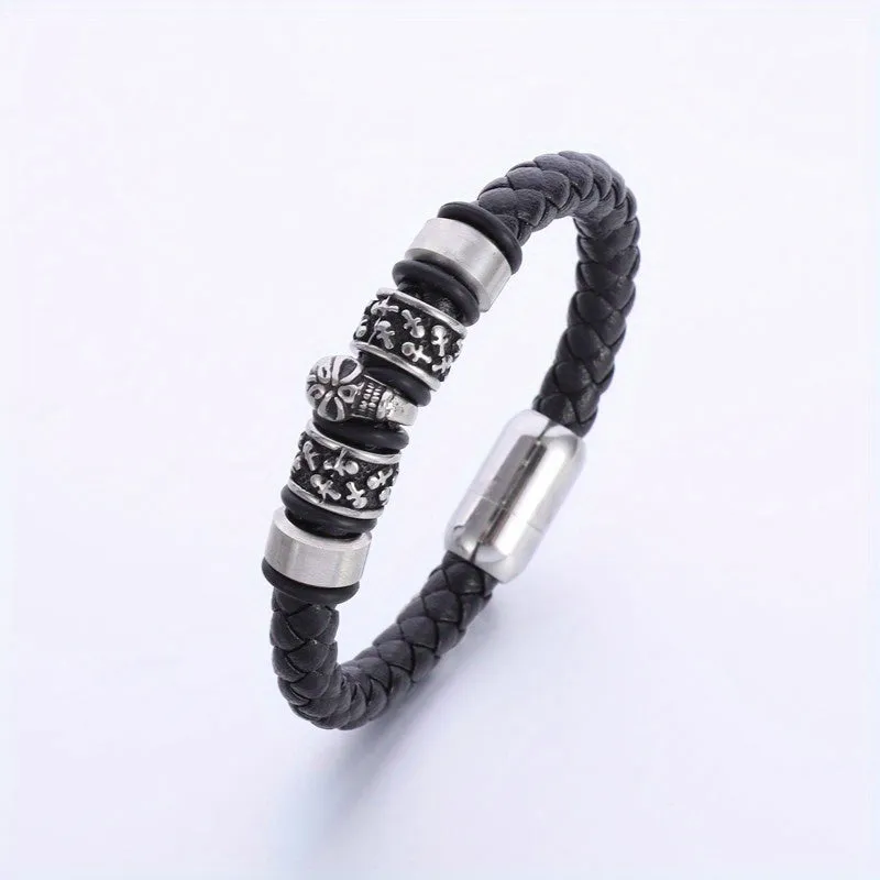 Vintage Gothic Skull Bracelet Magnetic Clasp Single Layer PU Leather Men
