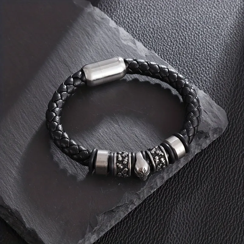 Vintage Gothic Skull Bracelet Magnetic Clasp Single Layer PU Leather Men