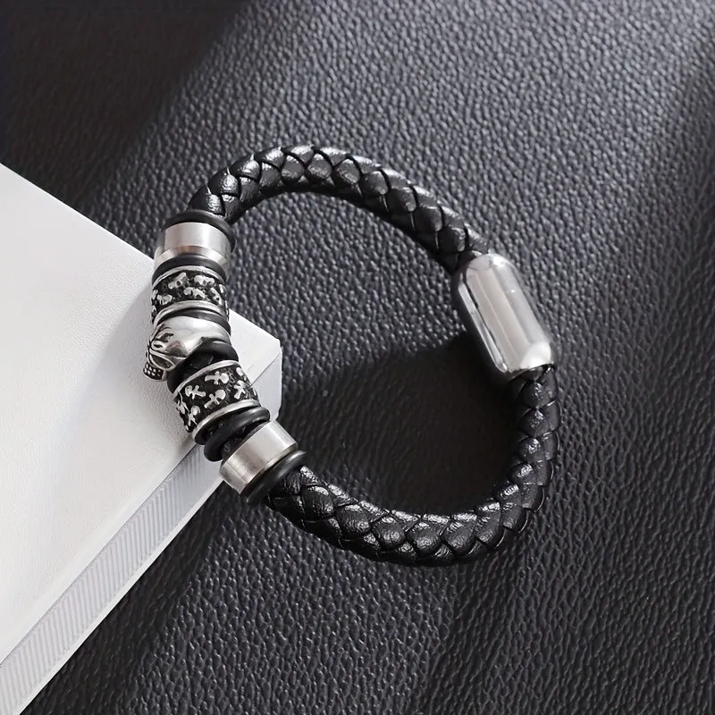 Vintage Gothic Skull Bracelet Magnetic Clasp Single Layer PU Leather Men