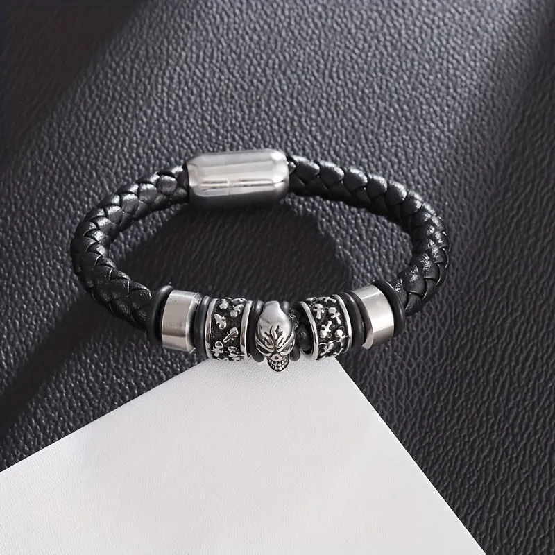Vintage Gothic Skull Bracelet Magnetic Clasp Single Layer PU Leather Men