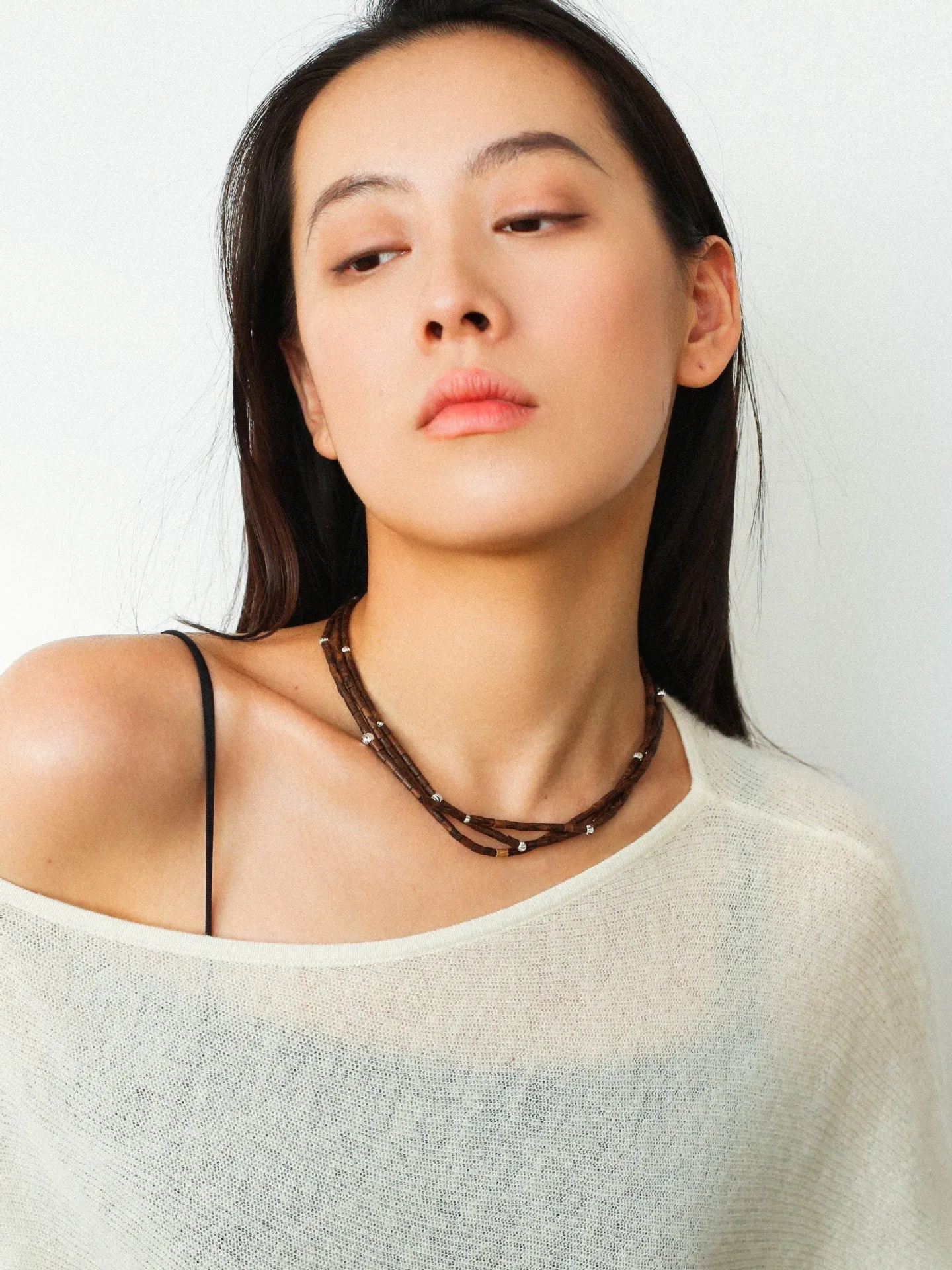 Vintage Multi-layered Wood Bead and Silver Ball Magnetic Buckle Necklace