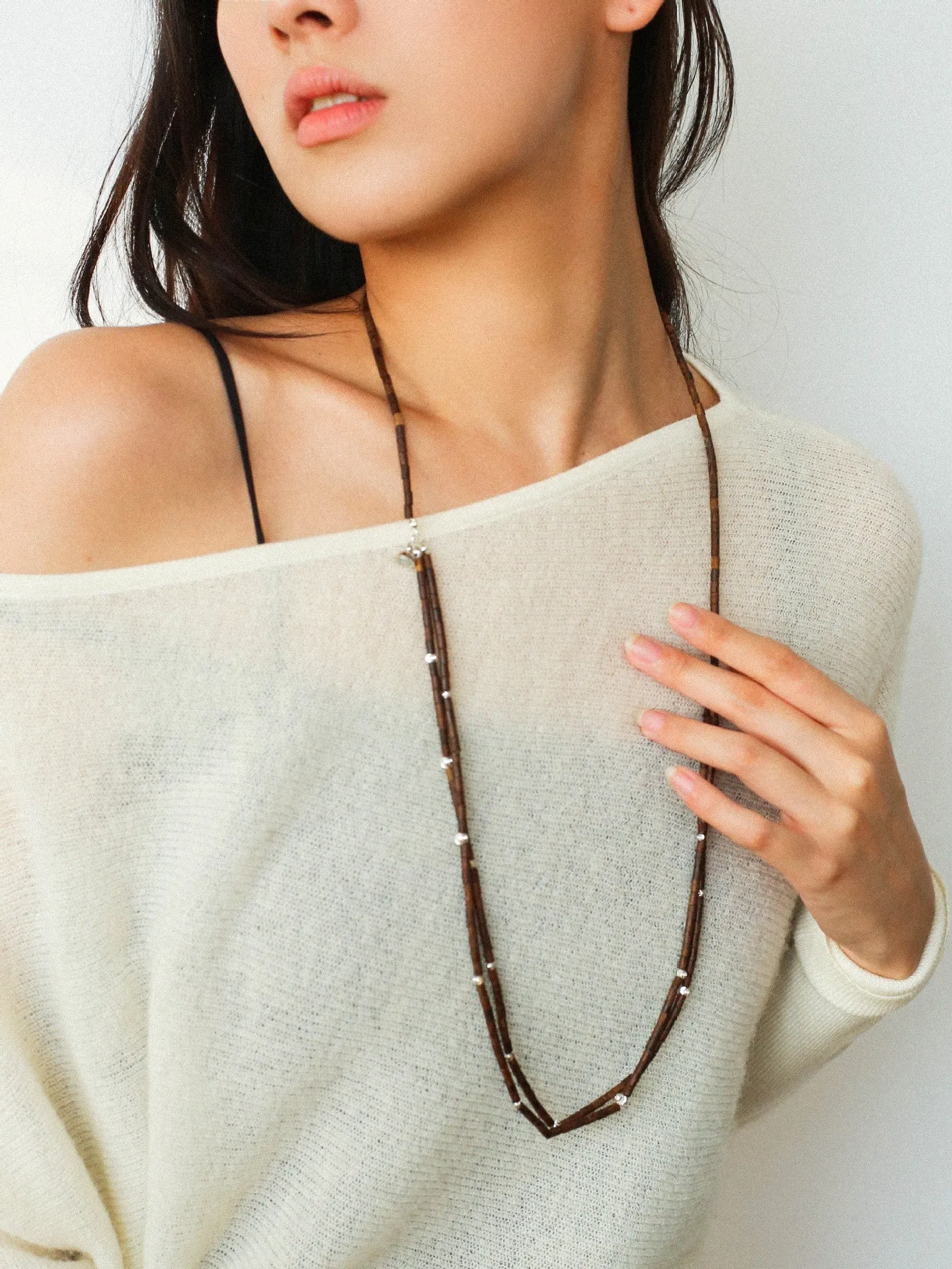 Vintage Multi-layered Wood Bead and Silver Ball Magnetic Buckle Necklace