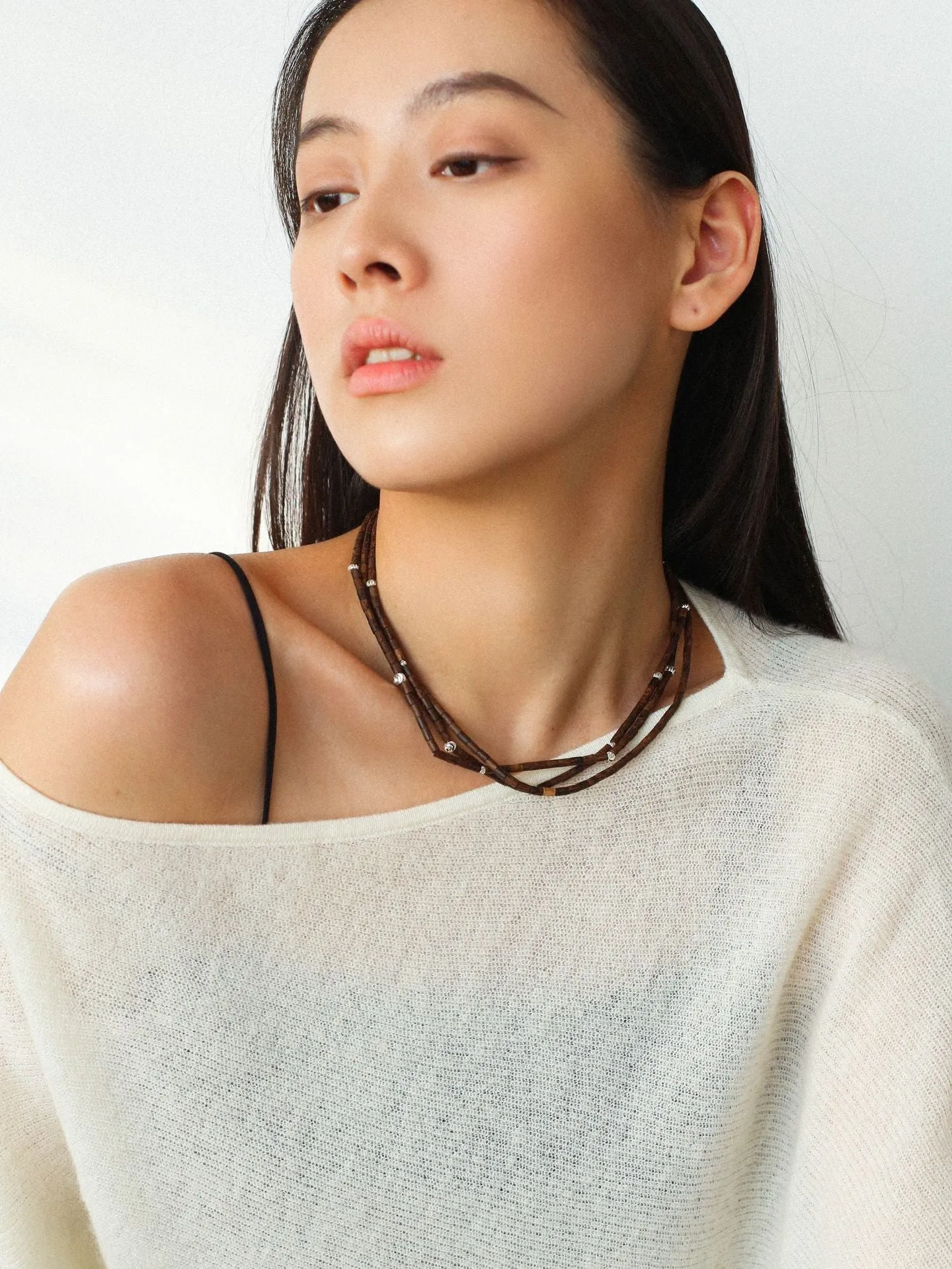 Vintage Multi-layered Wood Bead and Silver Ball Magnetic Buckle Necklace