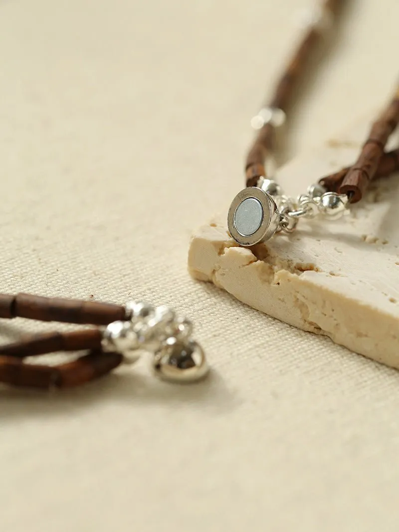 Vintage Multi-layered Wood Bead and Silver Ball Magnetic Buckle Necklace