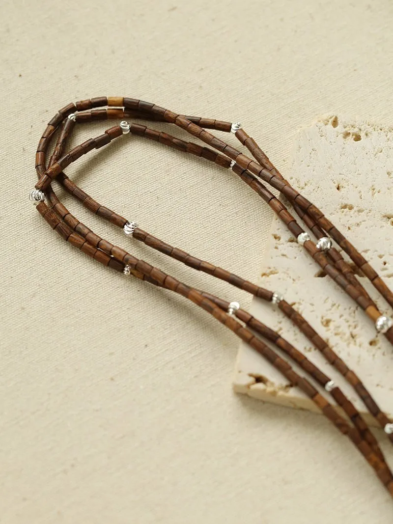 Vintage Multi-layered Wood Bead and Silver Ball Magnetic Buckle Necklace