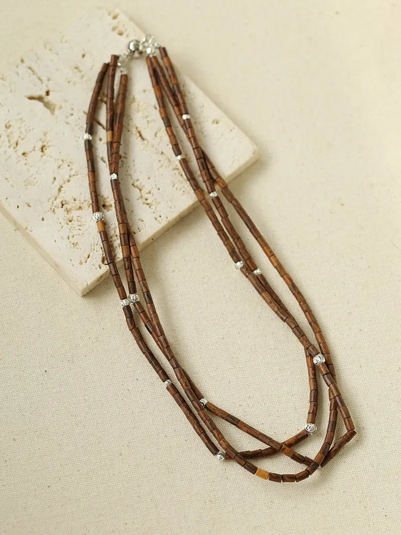 Vintage Multi-layered Wood Bead and Silver Ball Magnetic Buckle Necklace
