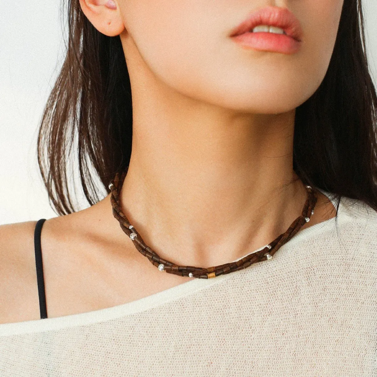 Vintage Multi-layered Wood Bead and Silver Ball Magnetic Buckle Necklace