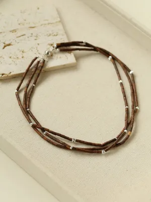 Vintage Multi-layered Wood Bead and Silver Ball Magnetic Buckle Necklace