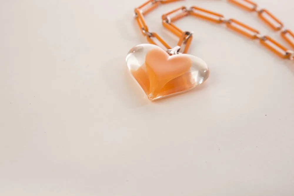 Vintage Plastic Jewelry Link Chain Necklace Large Heart Pendant