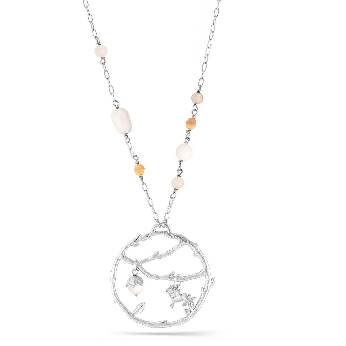 WHITE BEADS AND LION CHARM PENDANT  NECKLACES #203NT1101 (3E4/1D20)