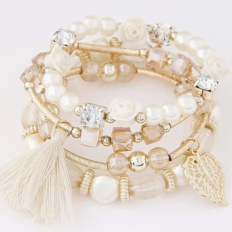 Women Crystal Rose Bead Tassel Multilayer Braided Bracelet
