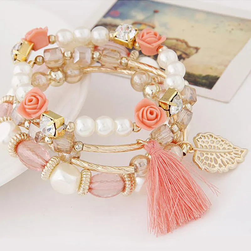 Women Crystal Rose Bead Tassel Multilayer Braided Bracelet
