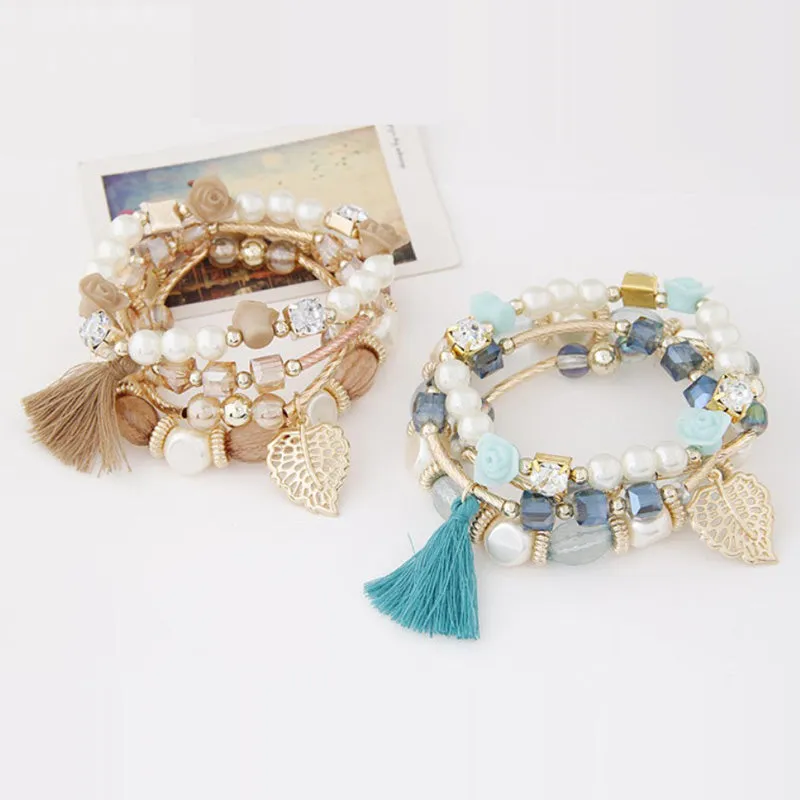 Women Crystal Rose Bead Tassel Multilayer Braided Bracelet