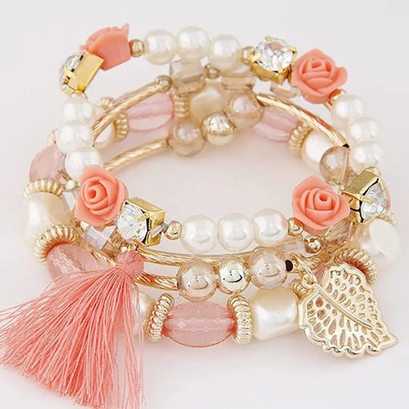Women Crystal Rose Bead Tassel Multilayer Braided Bracelet