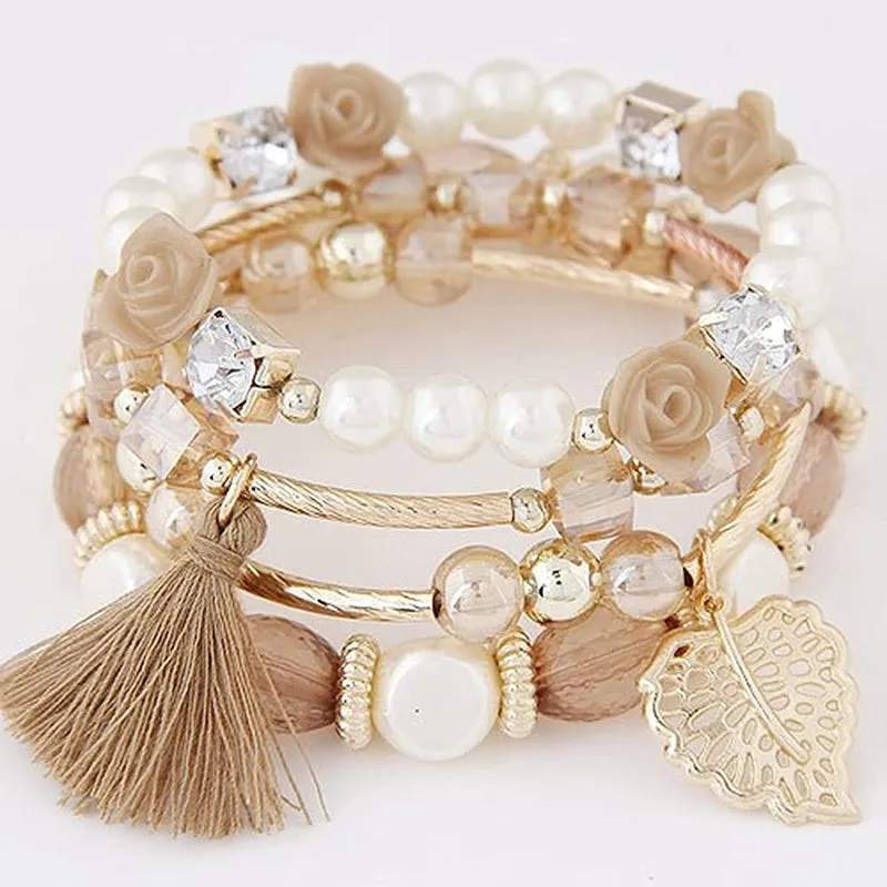 Women Crystal Rose Bead Tassel Multilayer Braided Bracelet