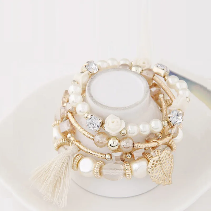 Women Crystal Rose Bead Tassel Multilayer Braided Bracelet