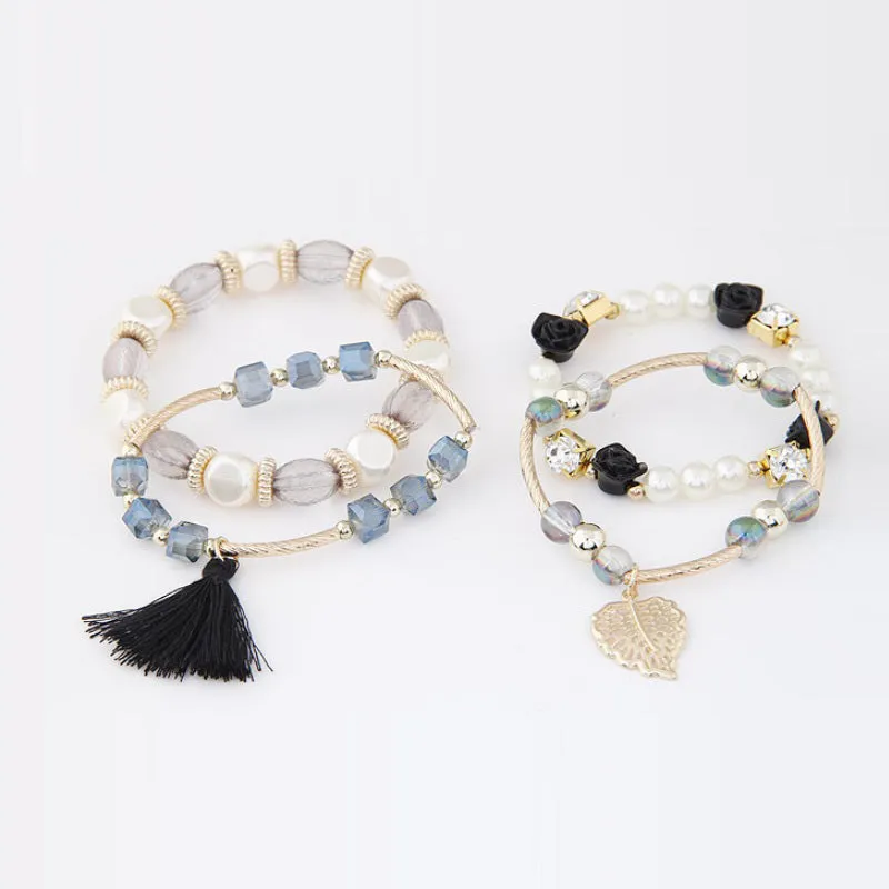 Women Crystal Rose Bead Tassel Multilayer Braided Bracelet