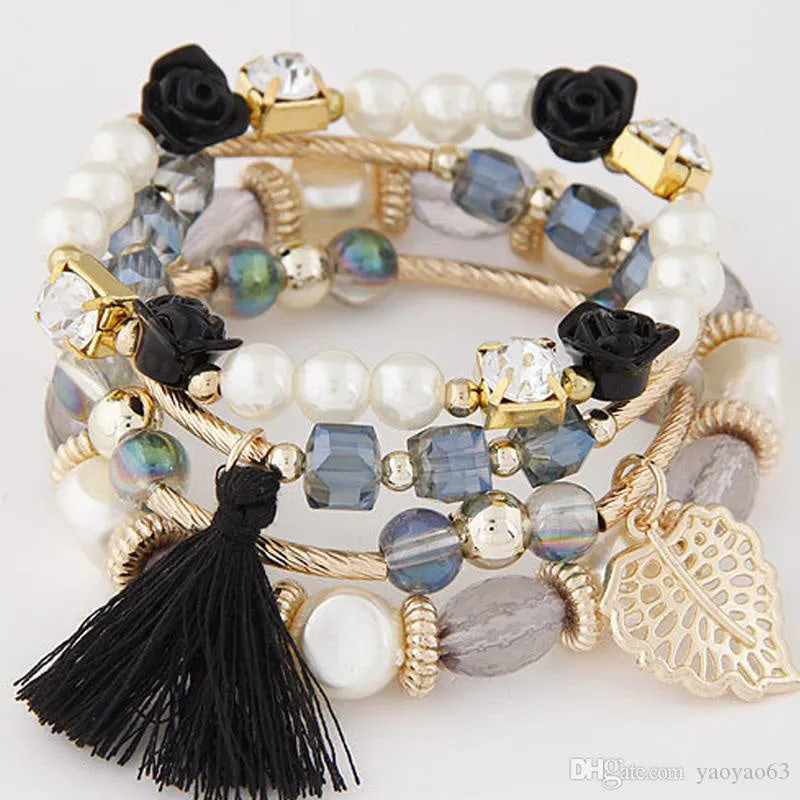 Women Crystal Rose Bead Tassel Multilayer Braided Bracelet