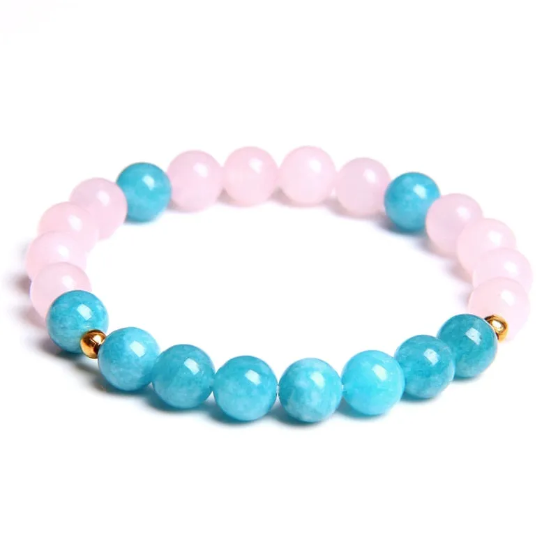 Women Elastic Bracelet Natural Pink Quartzs Stone