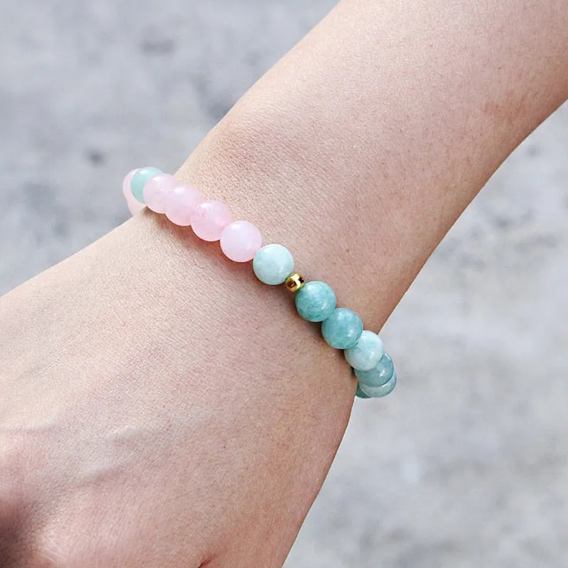 Women Elastic Bracelet Natural Pink Quartzs Stone