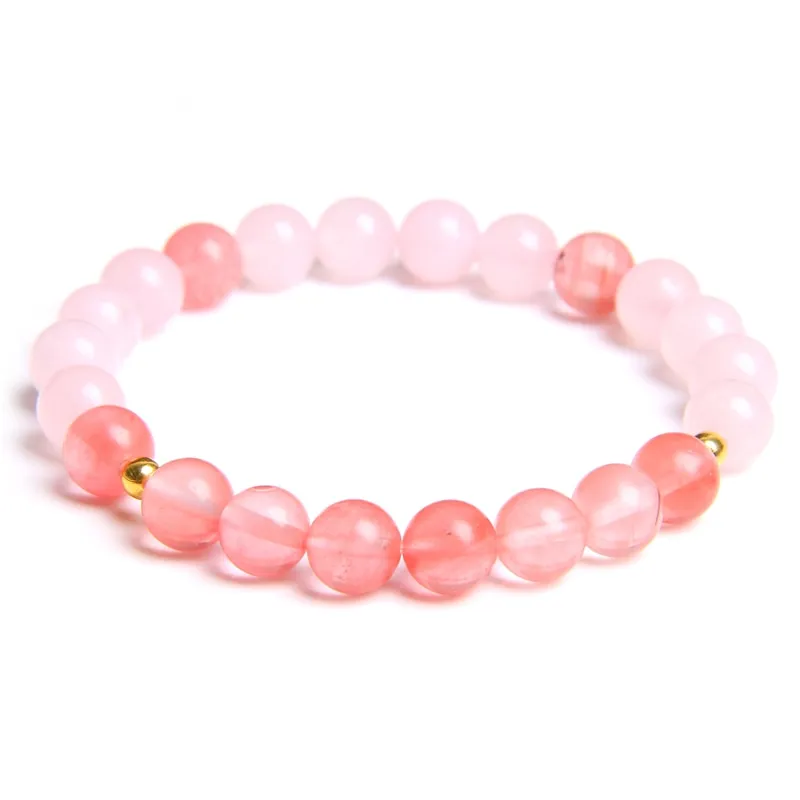 Women Elastic Bracelet Natural Pink Quartzs Stone