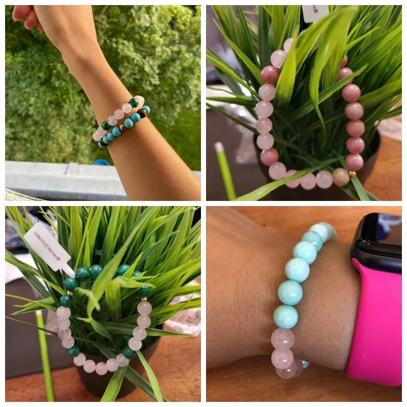 Women Elastic Bracelet Natural Pink Quartzs Stone