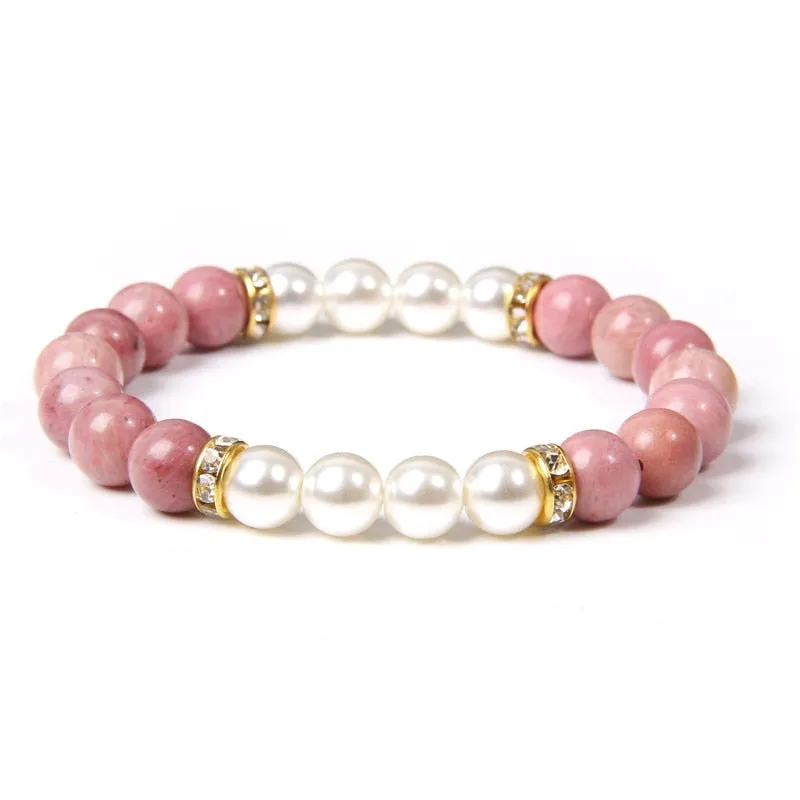 Women Elastic Bracelet Natural Pink Quartzs Stone