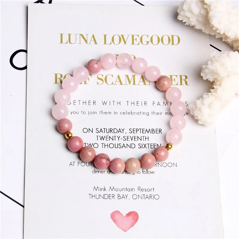 Women Elastic Bracelet Natural Pink Quartzs Stone