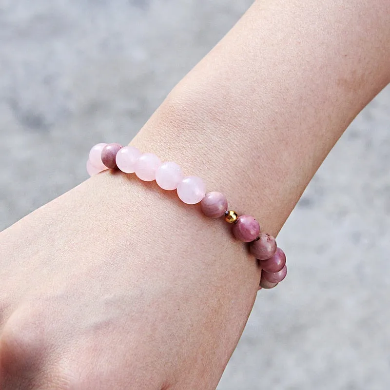Women Elastic Bracelet Natural Pink Quartzs Stone