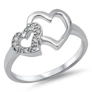 Women's Double Heart Clear CZ Promise Ring .925 Sterling Silver Band Sizes 5-10