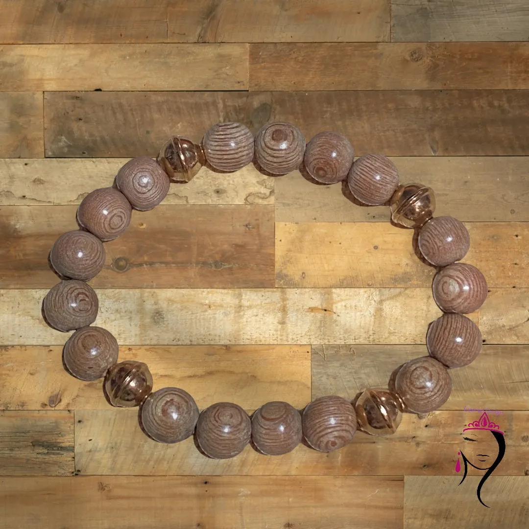 Wood & Goldtone Bead Bracelet, Size 7.25"  #17017