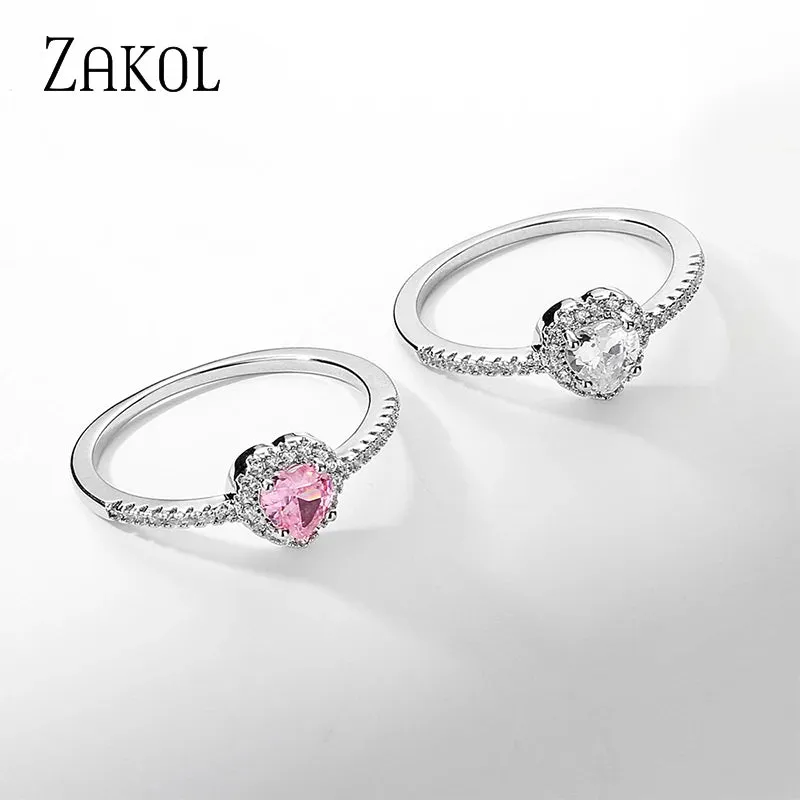 ZAKOL Romantic Pink Heart CZ Engagement Rings for Women