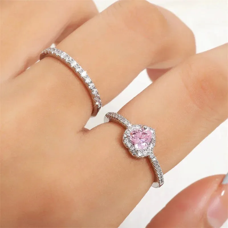 ZAKOL Romantic Pink Heart CZ Engagement Rings for Women