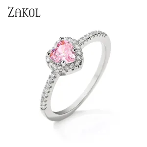 ZAKOL Romantic Pink Heart CZ Engagement Rings for Women