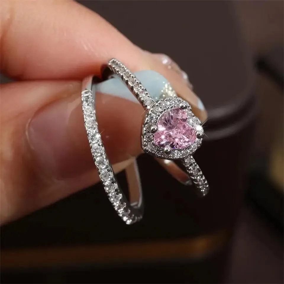 ZAKOL Romantic Pink Heart CZ Engagement Rings for Women