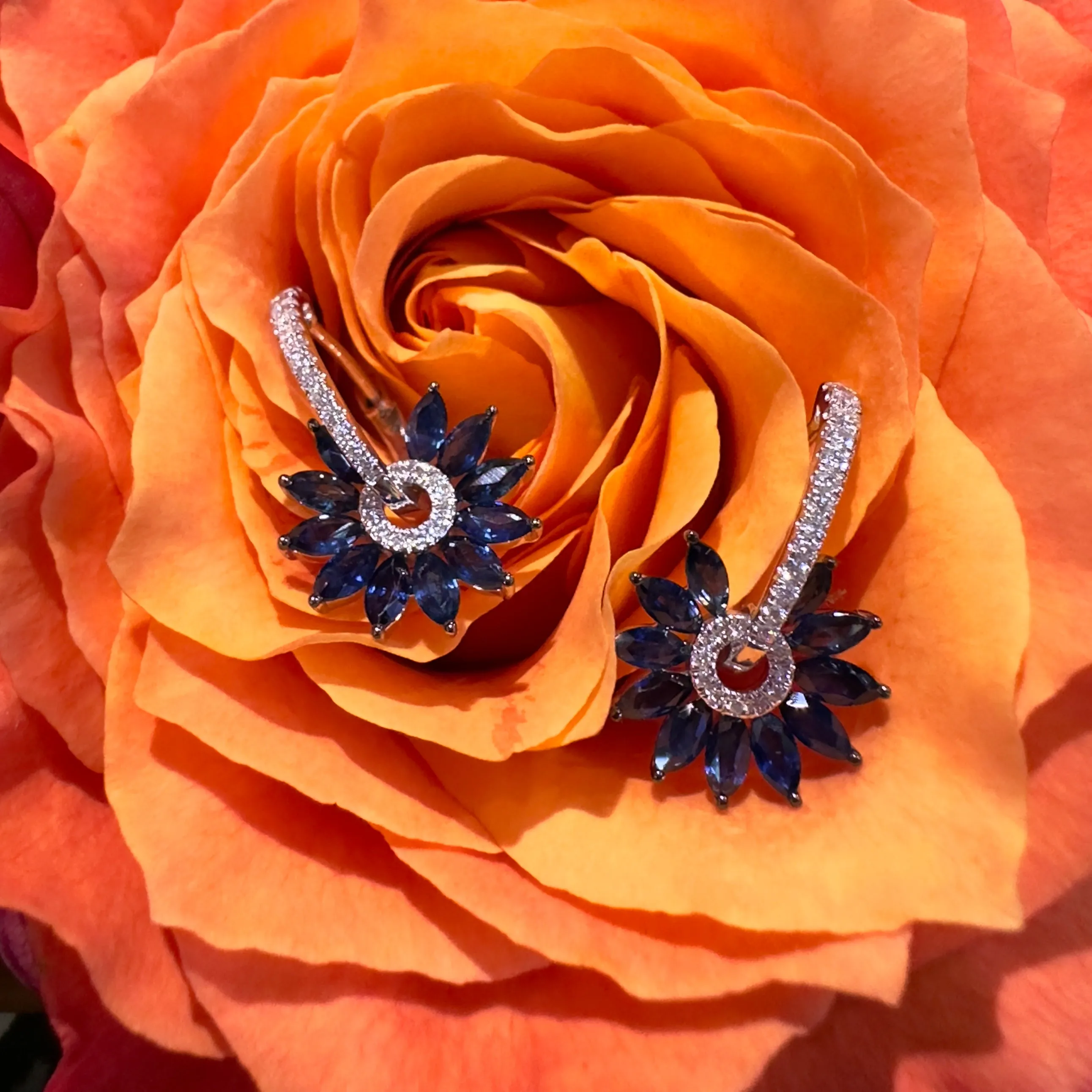 Zeghani Sapphire Diamond Flower 14K White Gold Drop Hoop Earrings ZE859