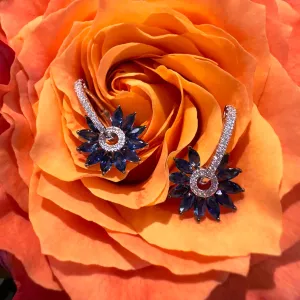 Zeghani Sapphire Diamond Flower 14K White Gold Drop Hoop Earrings ZE859