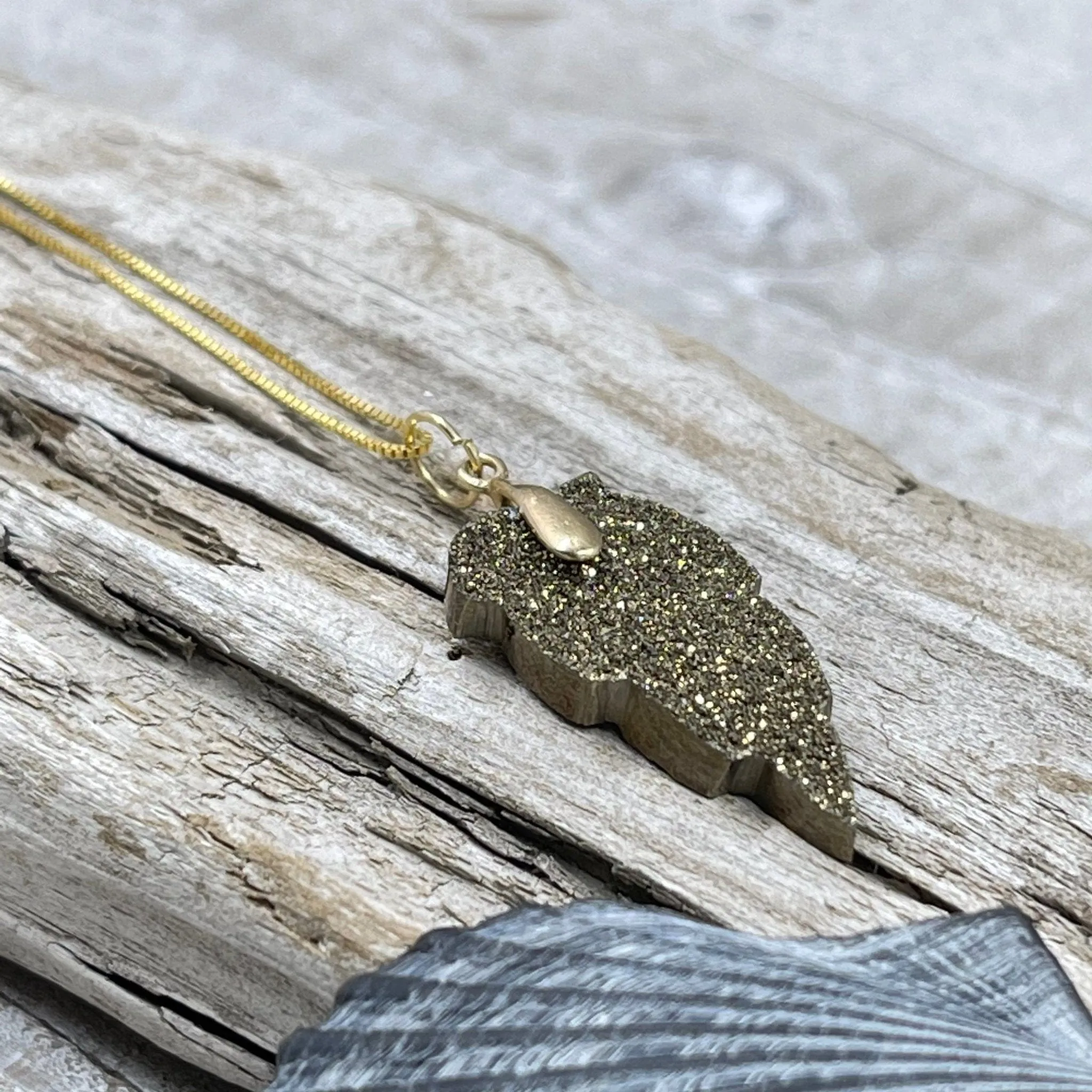 Zirconium and Silver Coated Druzy Leaf on 14K Box Chain